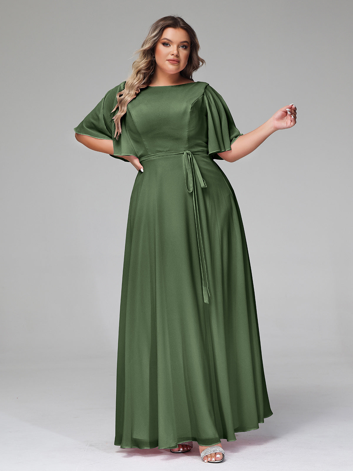 Vestidos máximos de chiffon con mangas de volantes y lazo en la cintura Verde Oliva Tallas Grandes