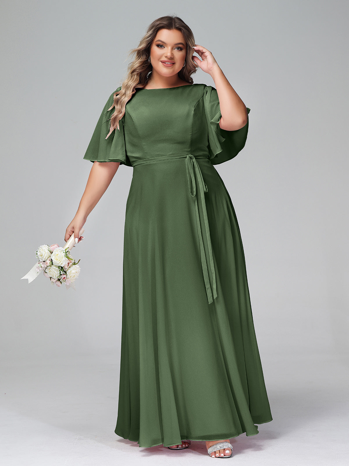 Vestidos máximos de chiffon con mangas de volantes y lazo en la cintura Verde Oliva Tallas Grandes