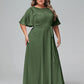 Vestidos máximos de chiffon con mangas de volantes y lazo en la cintura Verde Oliva Tallas Grandes