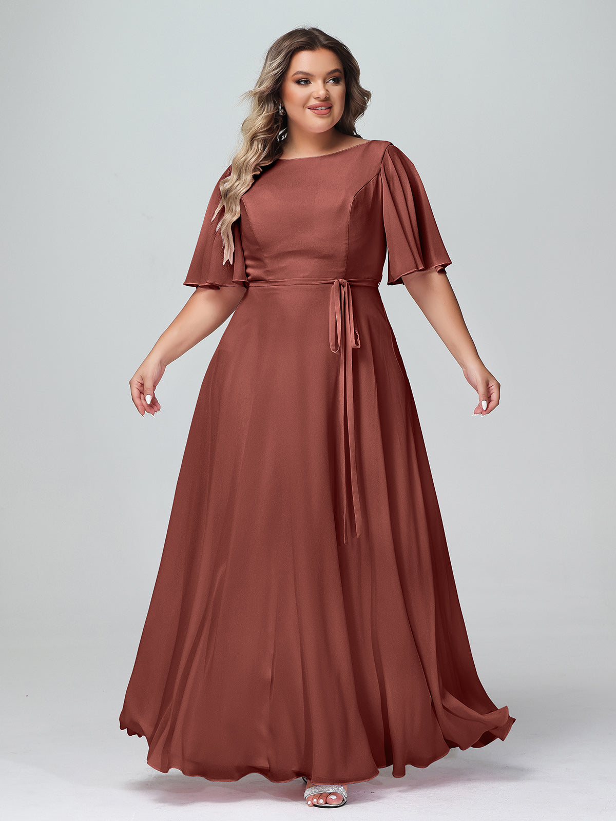 Vestidos máximos de chiffon con mangas de volantes y lazo en la cintura Terracota Tallas Grandes