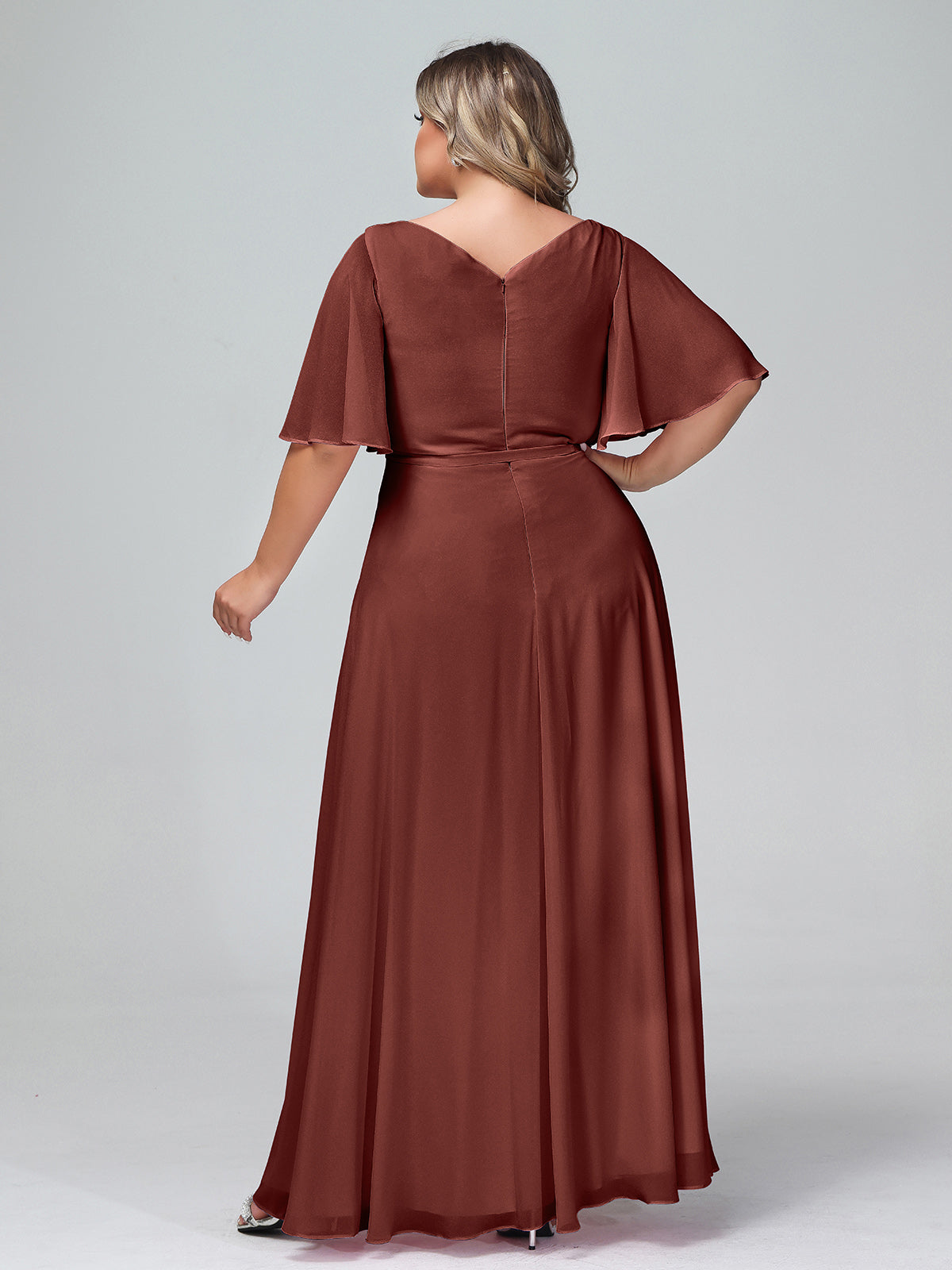 Vestidos máximos de chiffon con mangas de volantes y lazo en la cintura Terracota Tallas Grandes