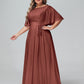 Vestidos máximos de chiffon con mangas de volantes y lazo en la cintura Terracota Tallas Grandes