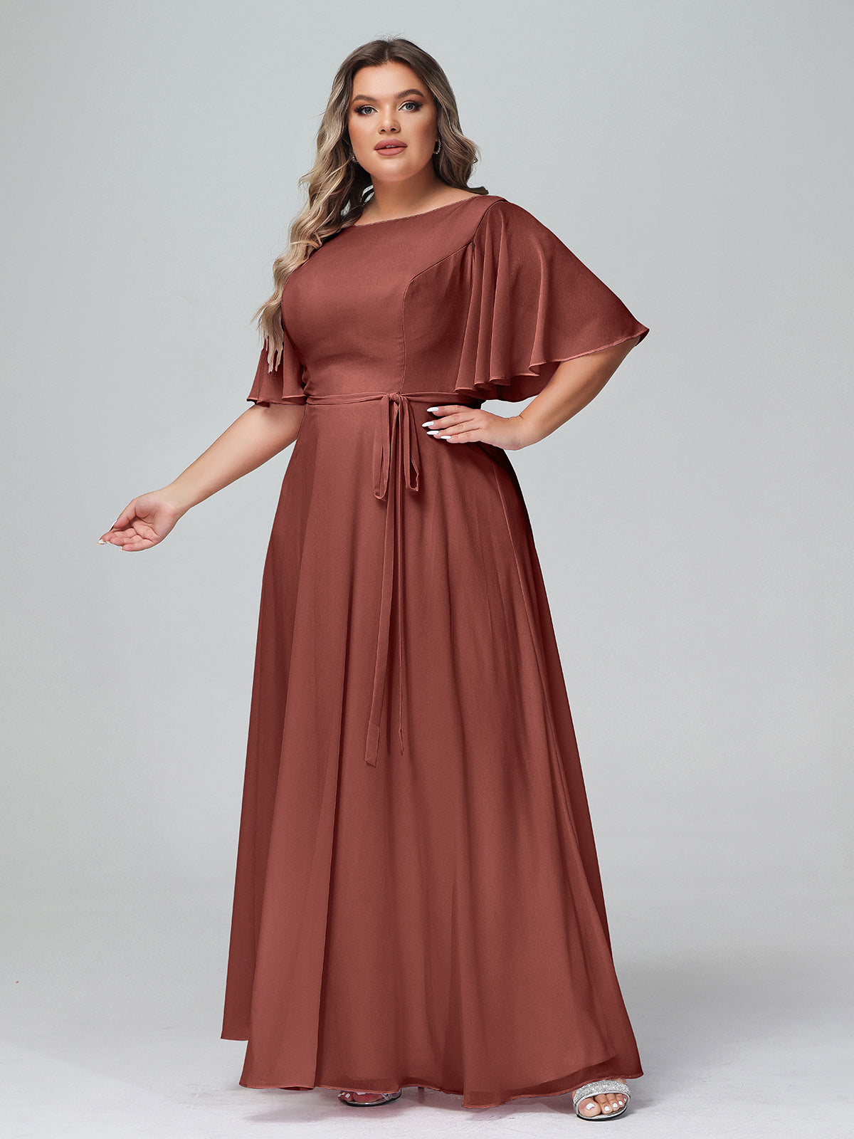 Vestidos máximos de chiffon con mangas de volantes y lazo en la cintura Terracota Tallas Grandes