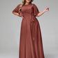 Vestidos máximos de chiffon con mangas de volantes y lazo en la cintura Terracota Tallas Grandes