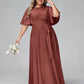 Vestidos máximos de chiffon con mangas de volantes y lazo en la cintura Terracota Tallas Grandes