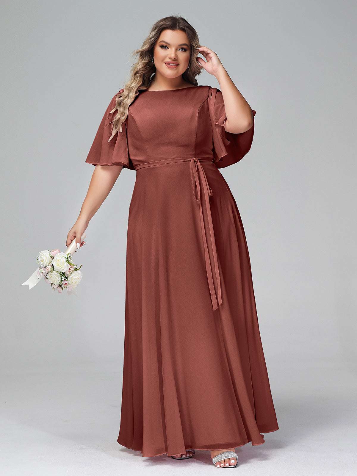 Vestidos máximos de chiffon con mangas de volantes y lazo en la cintura Terracota Tallas Grandes