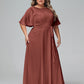 Vestidos máximos de chiffon con mangas de volantes y lazo en la cintura Terracota Tallas Grandes