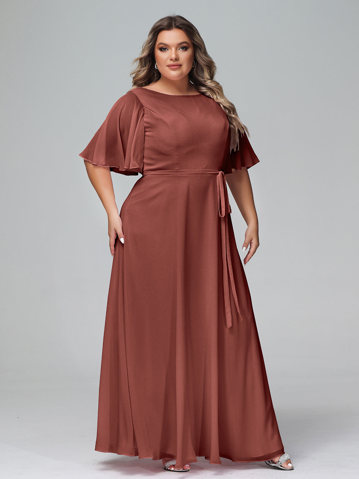 Vestidos máximos de chiffon con mangas de volantes y lazo en la cintura Terracota Tallas Grandes
