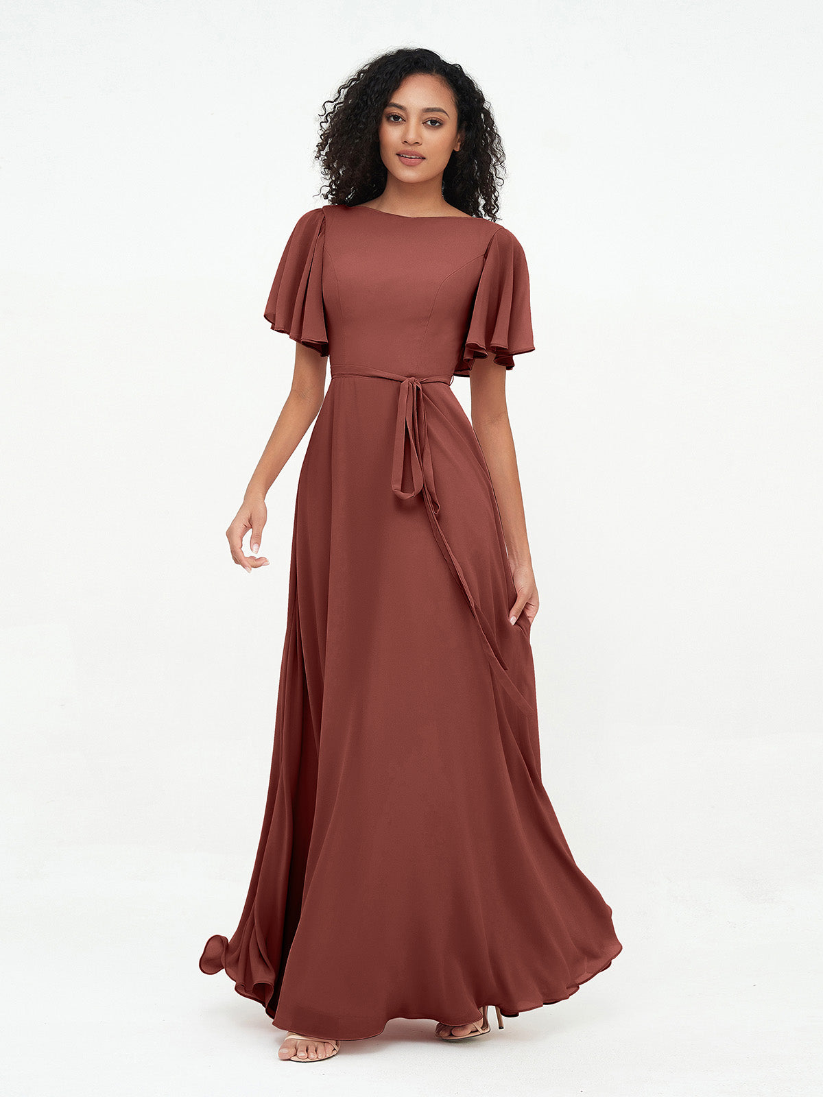Vestidos máximos de chiffon con mangas de volantes y lazo en la cintura Terracota