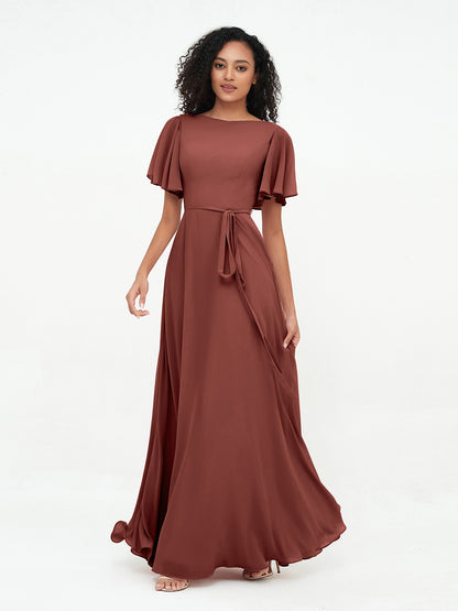 Vestidos máximos de chiffon con mangas de volantes y lazo en la cintura Terracota