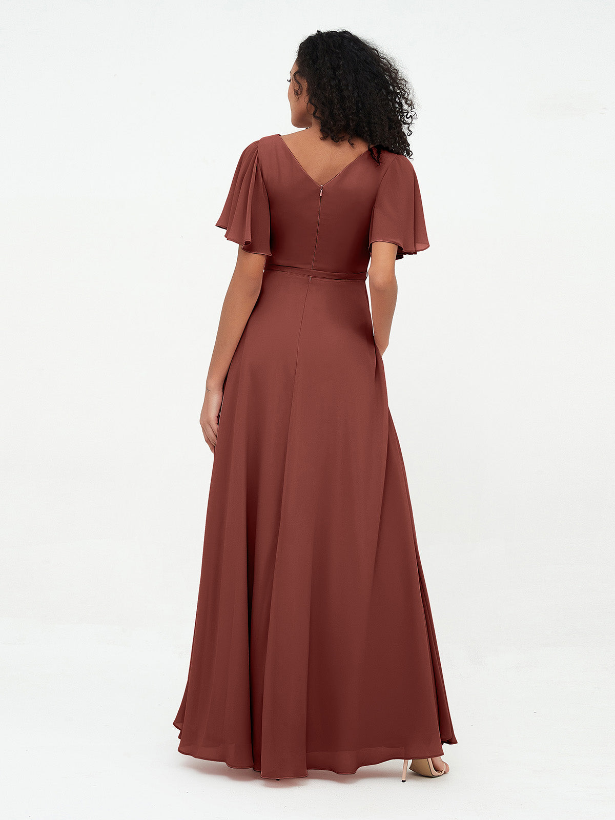 Vestidos máximos de chiffon con mangas de volantes y lazo en la cintura Terracota