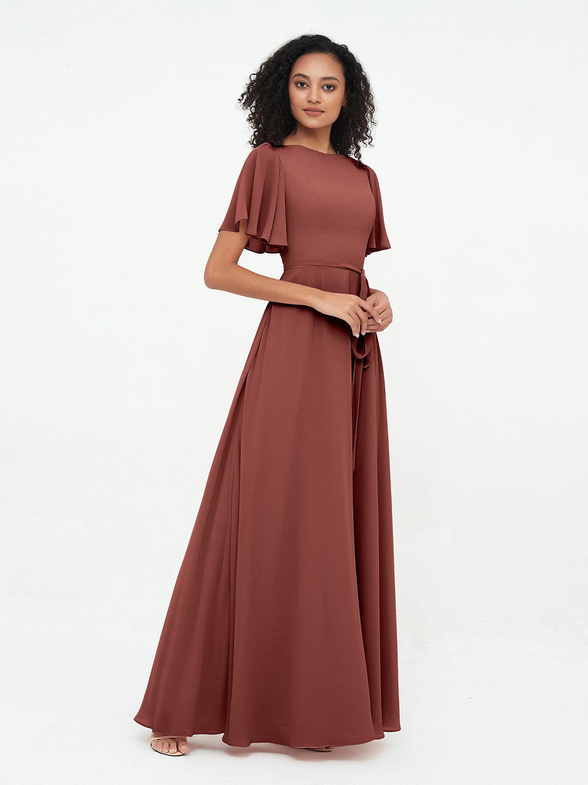 Vestidos máximos de chiffon con mangas de volantes y lazo en la cintura Terracota