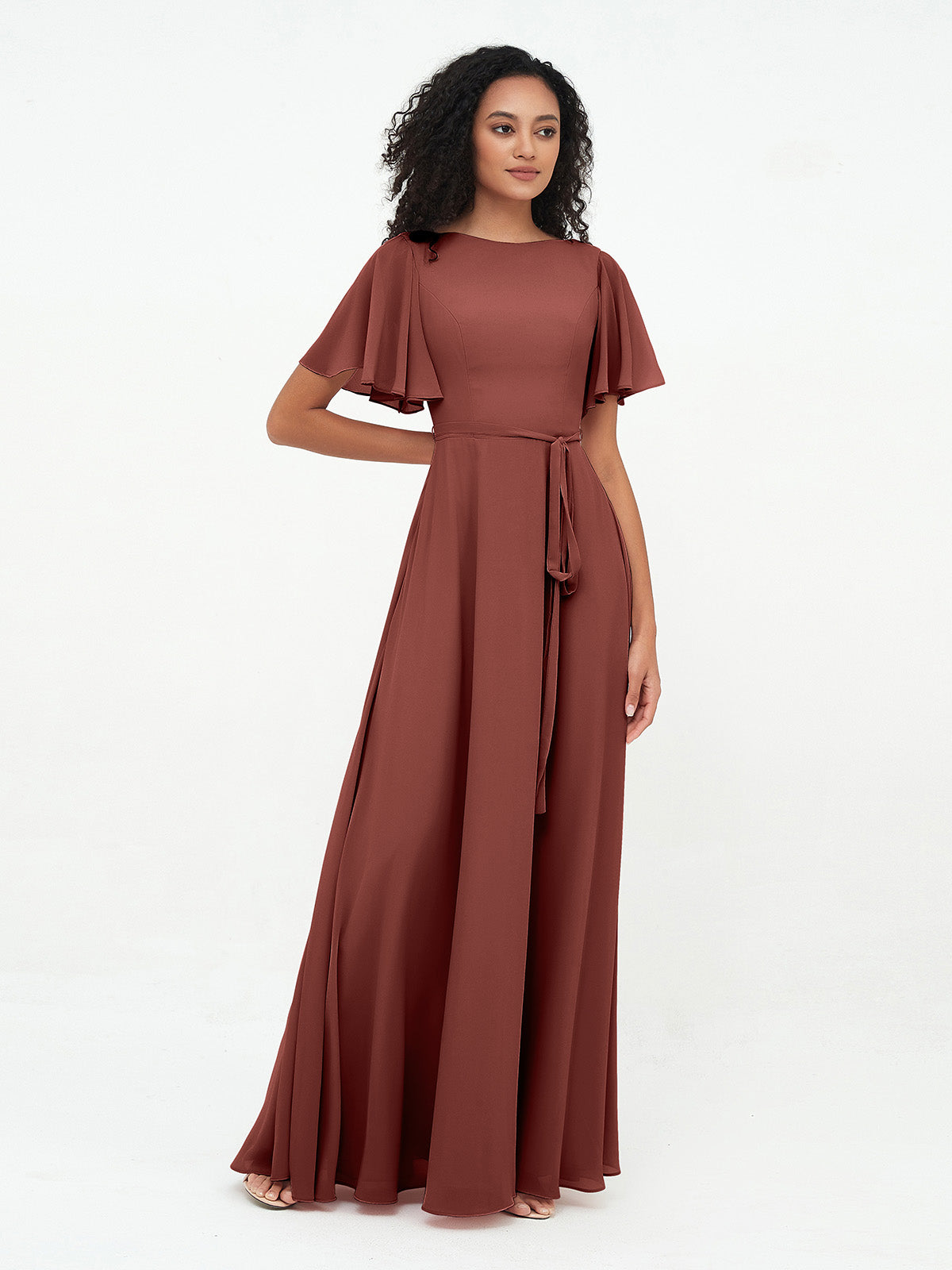 Vestidos máximos de chiffon con mangas de volantes y lazo en la cintura Terracota