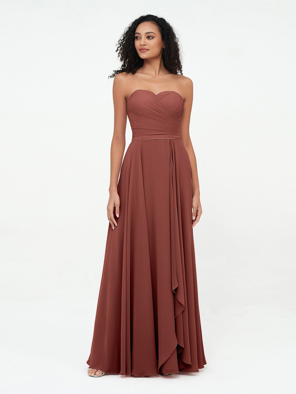 Vestidos largos de chiffon sin tirantes y escote corazón Terracota