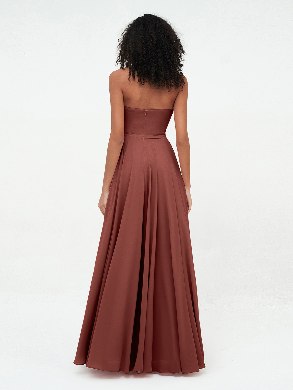 Vestidos largos de chiffon sin tirantes y escote corazón Terracota