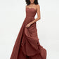 Vestidos largos de chiffon sin tirantes y escote corazón Terracota