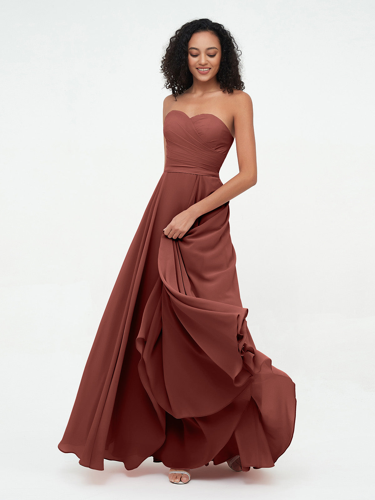 Vestidos largos de chiffon sin tirantes y escote corazón Terracota