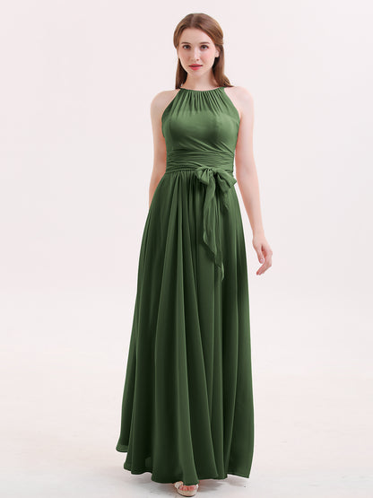 Zenobia Cabestro Gasa Vestidos De Dama De Honor Con Lazo Faja Verde Oliva Tallas Grandes