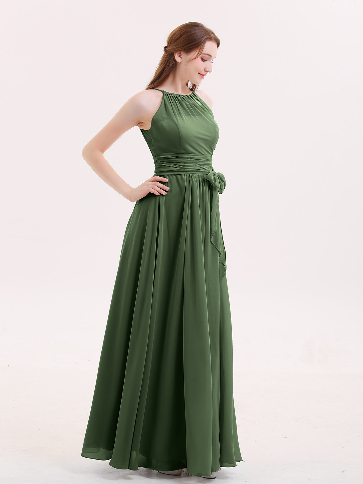 Zenobia Cabestro Gasa Vestidos De Dama De Honor Con Lazo Faja Verde Oliva Tallas Grandes