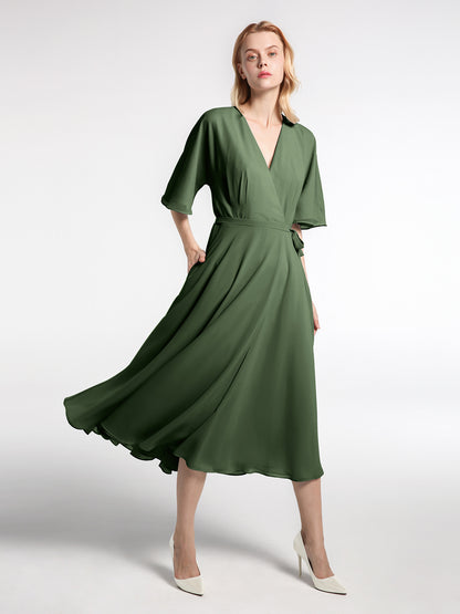 Vestido de chiffon con escote en V y mangas media longitud, a la altura de la rodilla Verde Oliva Tallas Grandes