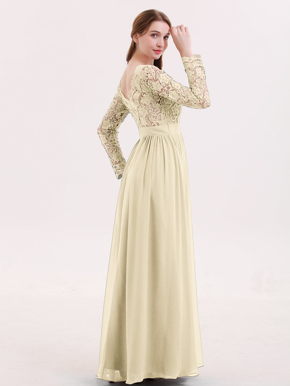Vestidos largos de dama de honor de chiffon con escote en Y y mangas de volantes Champán main image 0